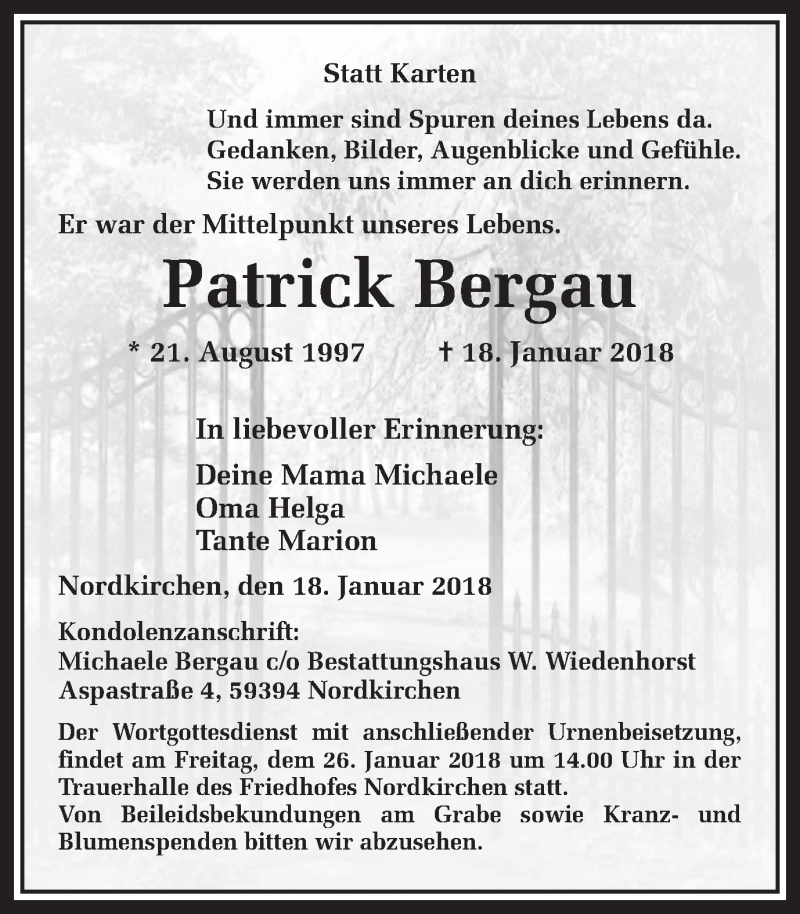  Traueranzeige für Patrick Bergau vom 20.01.2018 aus Ruhr Nachrichten