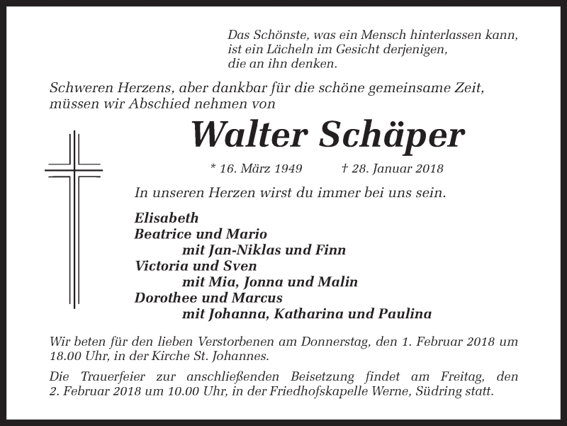  Traueranzeige für Walter Schäper vom 31.01.2018 aus Ruhr Nachrichten