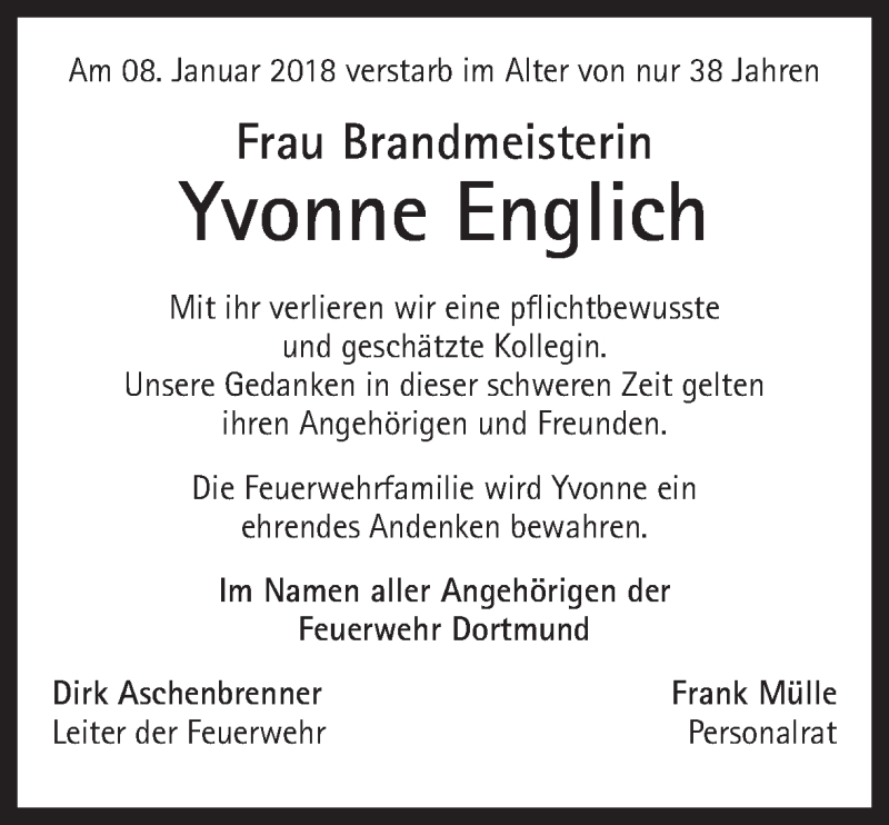  Traueranzeige für Yvonne Englich vom 11.01.2018 aus Ruhr Nachrichten