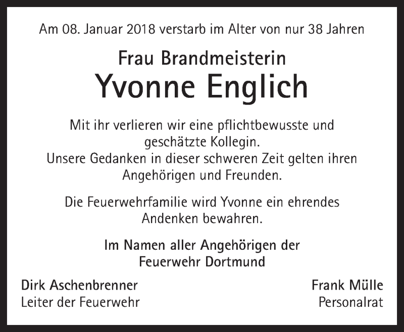  Traueranzeige für Yvonne Englich vom 11.01.2018 aus 