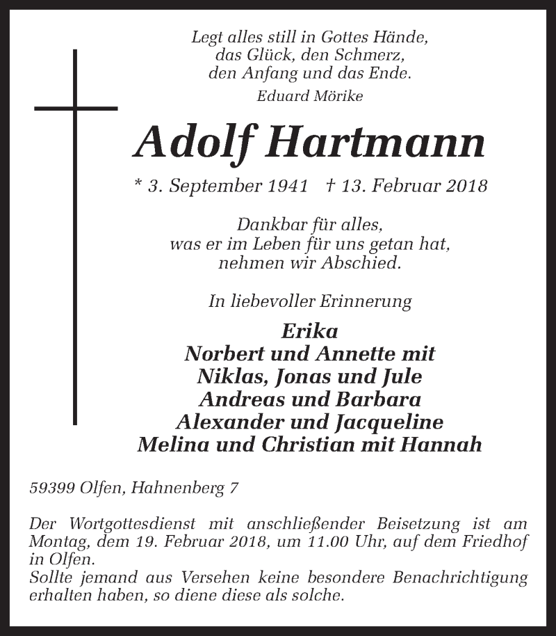  Traueranzeige für Adolf Hartmann vom 15.02.2018 aus Ruhr Nachrichten
