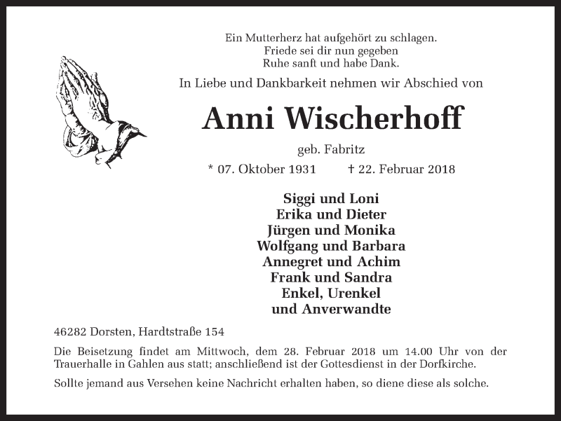  Traueranzeige für Anni Wischerhoff vom 24.02.2018 aus Ruhr Nachrichten und Dorstener Zeitung