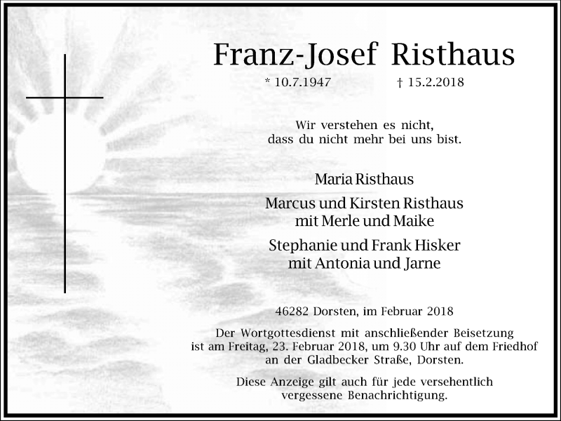  Traueranzeige für Franz-Josef Risthaus vom 20.02.2018 aus Ruhr Nachrichten und Dorstener Zeitung