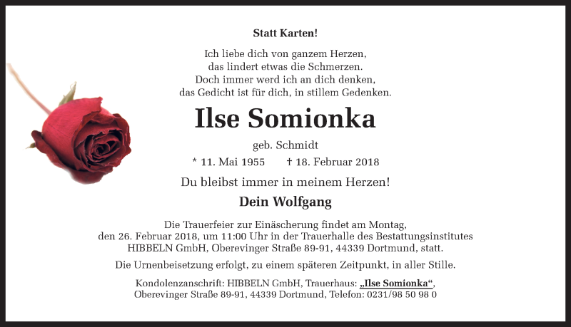  Traueranzeige für Ilse Somionka vom 21.02.2018 aus Ruhr Nachrichten