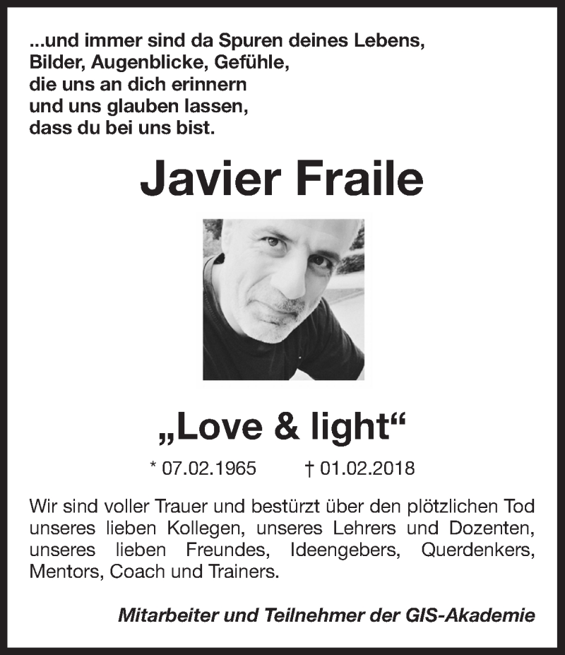  Traueranzeige für Javier Fraile vom 09.02.2018 aus Ruhr Nachrichten