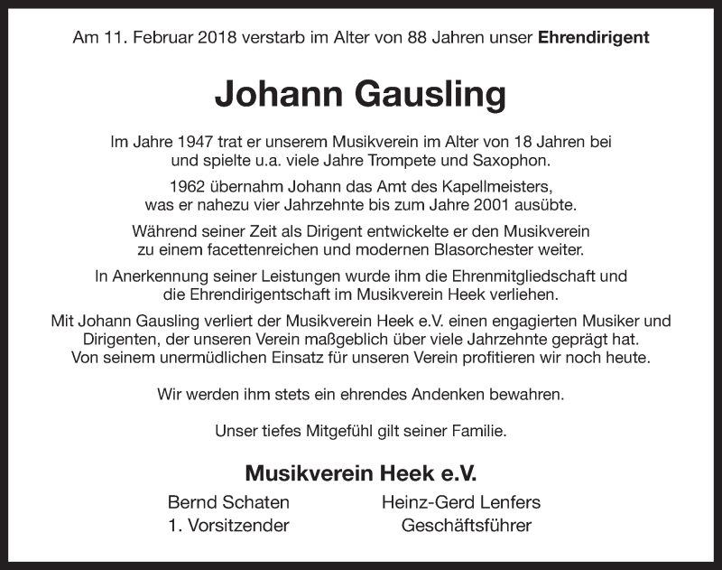  Traueranzeige für Johann Gausling vom 15.02.2018 aus 
