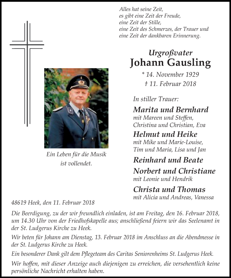  Traueranzeige für Johann Gausling vom 13.02.2018 aus Münstersche Zeitung und Münsterland Zeitung