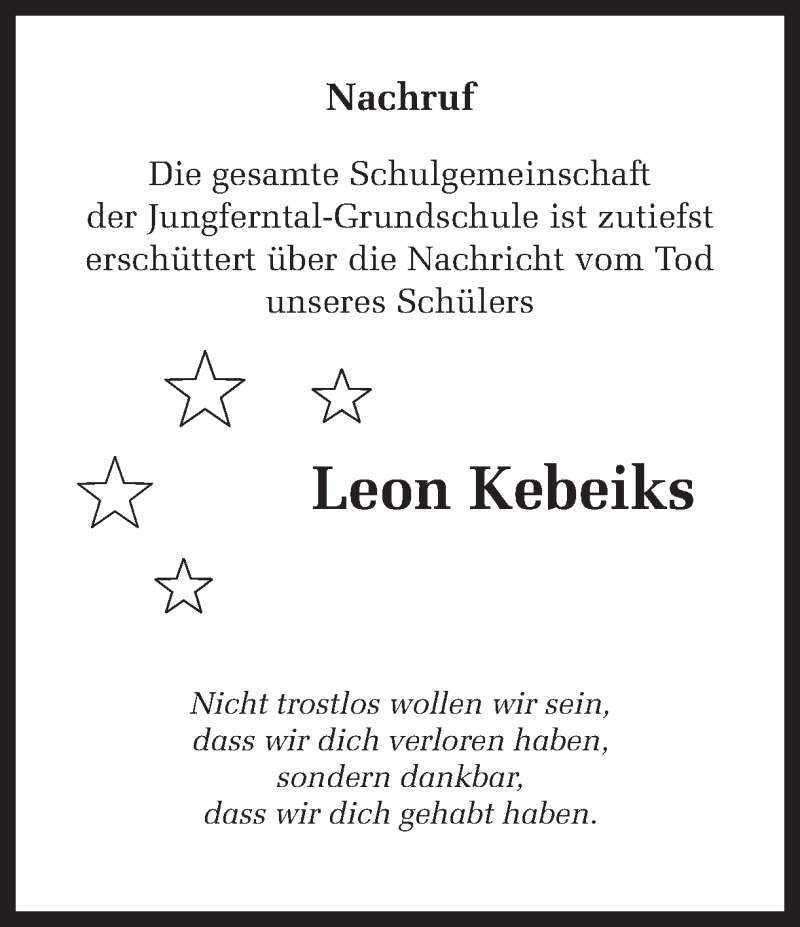  Traueranzeige für Leon Kebeiks vom 02.02.2018 aus Ruhr Nachrichten