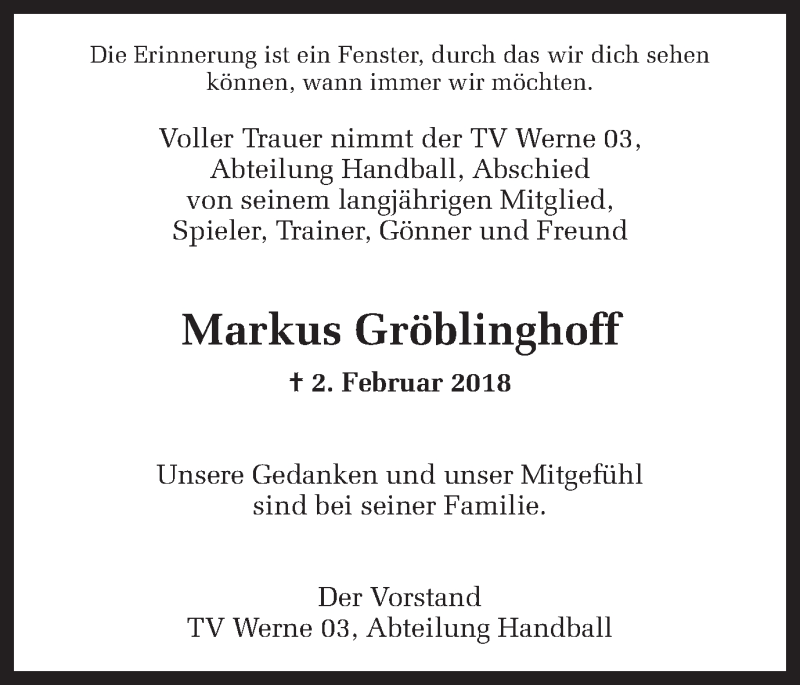  Traueranzeige für Markus Gröblinghoff vom 07.02.2018 aus Ruhr Nachrichten