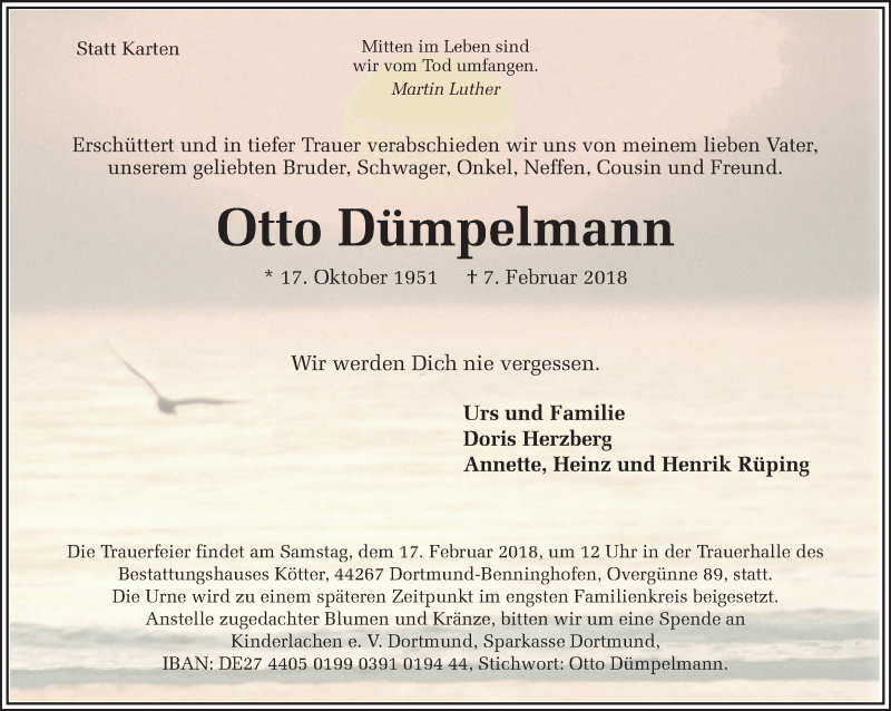  Traueranzeige für Otto Dümpelmann vom 14.02.2018 aus Ruhr Nachrichten