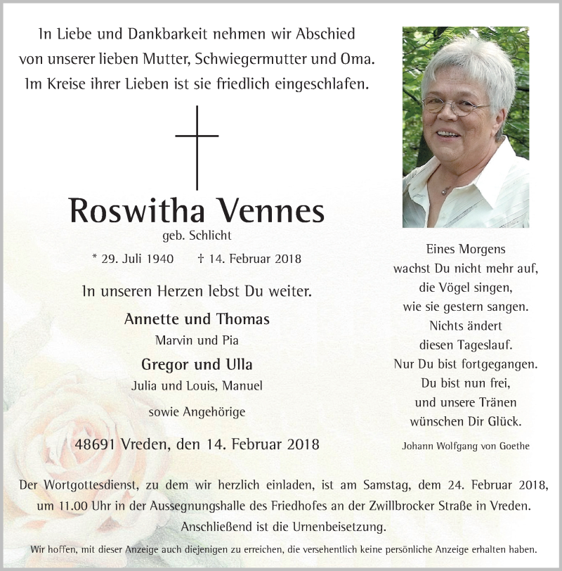  Traueranzeige für Roswitha Vennes vom 17.02.2018 aus Münstersche Zeitung und Münsterland Zeitung