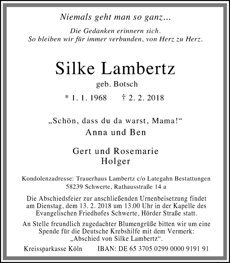  Traueranzeige für Silke Lambertz vom 10.02.2018 aus Ruhr Nachrichten