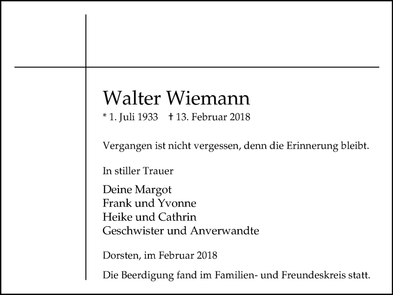  Traueranzeige für Walter Wiemann vom 17.02.2018 aus Ruhr Nachrichten und Dorstener Zeitung