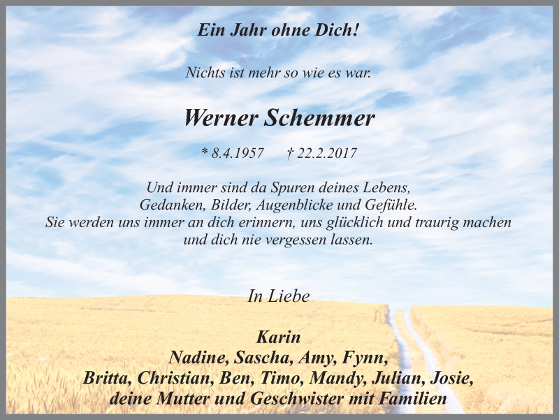  Traueranzeige für Werner Schemmer vom 22.02.2018 aus Ruhr Nachrichten und Dorstener Zeitung