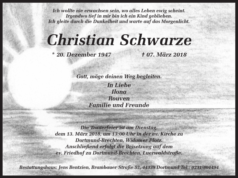  Traueranzeige für Christian Schwarze vom 10.03.2018 aus Ruhr Nachrichten