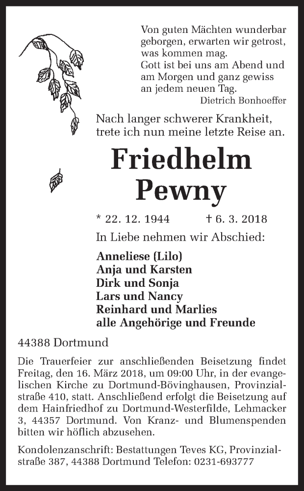  Traueranzeige für Friedhelm Pewny vom 12.03.2018 aus Ruhr Nachrichten