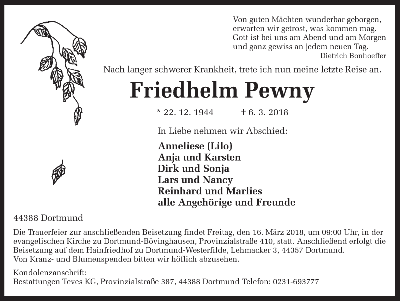  Traueranzeige für Friedhelm Pewny vom 12.03.2018 aus Ruhr Nachrichten