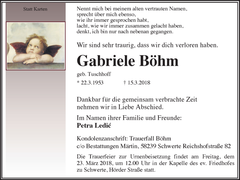  Traueranzeige für Gabriele Böhm vom 17.03.2018 aus Ruhr Nachrichten