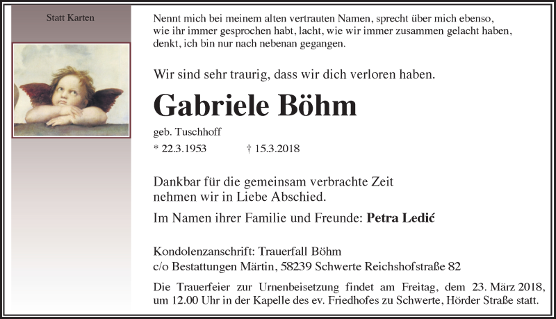  Traueranzeige für Gabriele Böhm vom 17.03.2018 aus Ruhr Nachrichten