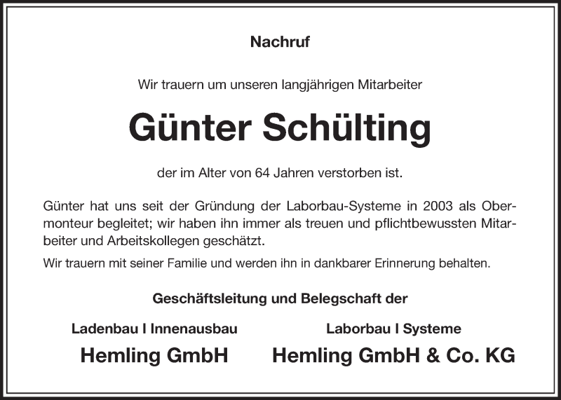  Traueranzeige für Günter Schülting vom 23.03.2018 aus Münstersche Zeitung und Münsterland Zeitung