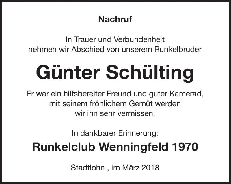  Traueranzeige für Günter Schülting vom 23.03.2018 aus Münstersche Zeitung und Münsterland Zeitung