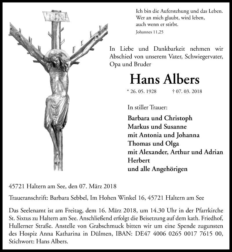  Traueranzeige für Hans Albers vom 10.03.2018 aus Ruhr Nachrichten und Halterner Zeitung