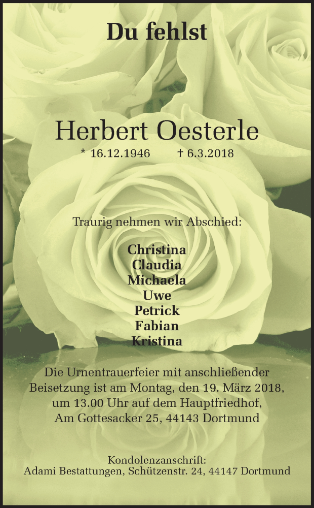  Traueranzeige für Herbert Oesterle vom 14.03.2018 aus Ruhr Nachrichten