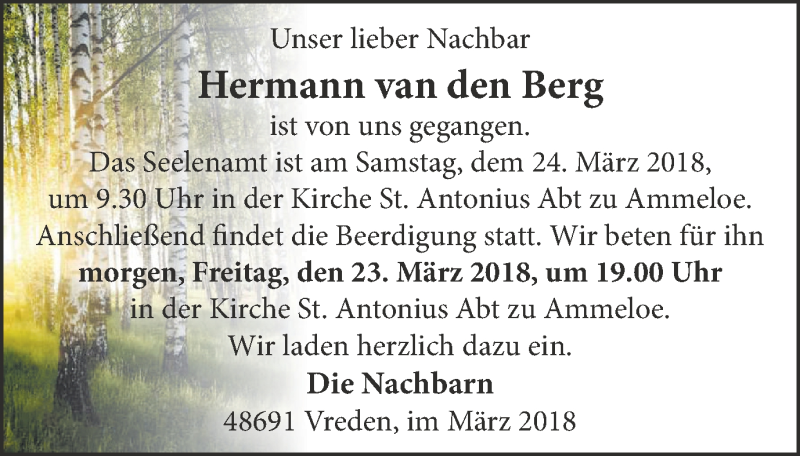  Traueranzeige für Hermann van den Berg vom 22.03.2018 aus Münstersche Zeitung und Münsterland Zeitung