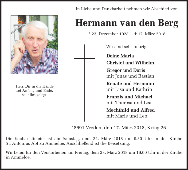  Traueranzeige für Hermann van den Berg vom 21.03.2018 aus Münstersche Zeitung und Münsterland Zeitung