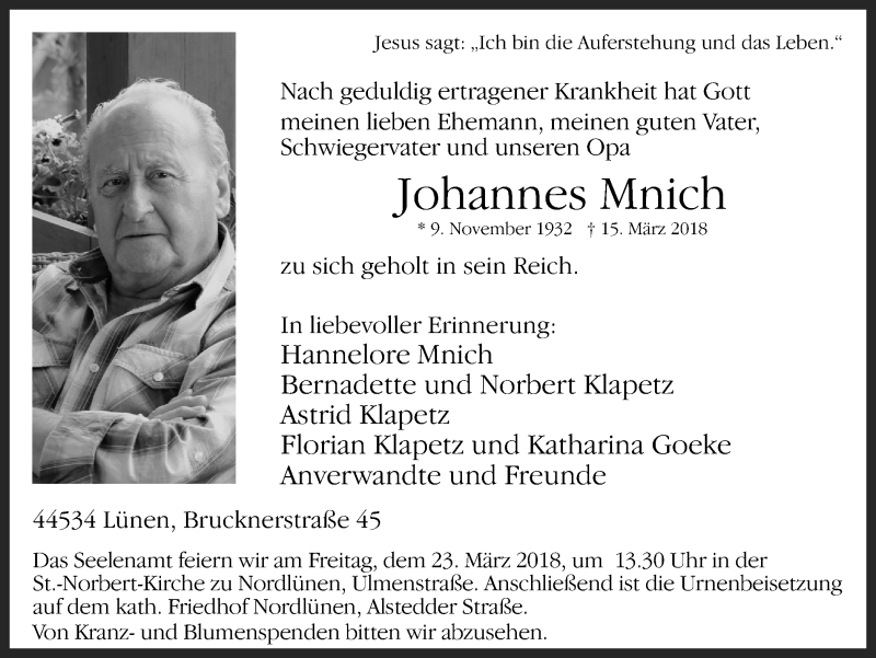  Traueranzeige für Johannes Mnich vom 20.03.2018 aus Ruhr Nachrichten