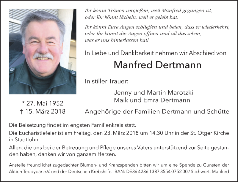  Traueranzeige für Manfred Dertmann vom 17.03.2018 aus Münstersche Zeitung und Münsterland Zeitung