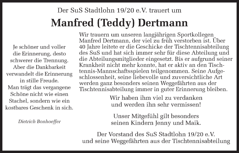  Traueranzeige für Manfred Dertmann vom 20.03.2018 aus Münstersche Zeitung und Münsterland Zeitung