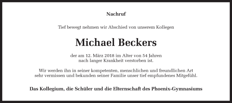  Traueranzeige für Michael Beckers vom 21.03.2018 aus Ruhr Nachrichten