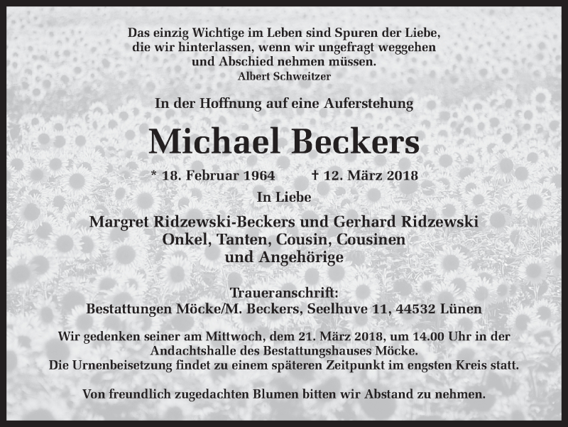  Traueranzeige für Michael Beckers vom 17.03.2018 aus Ruhr Nachrichten