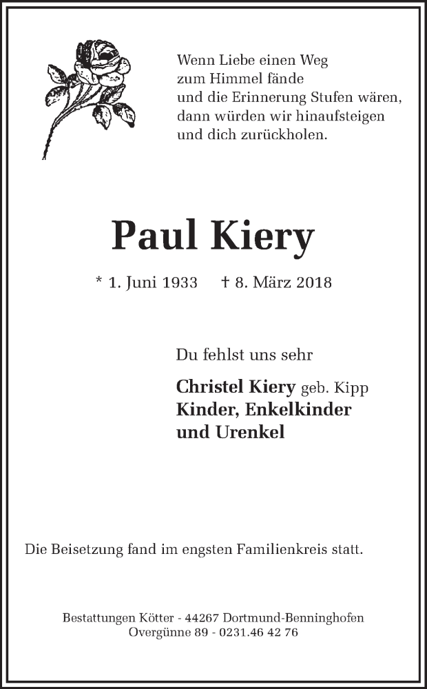  Traueranzeige für Paul Kiery vom 17.03.2018 aus Ruhr Nachrichten