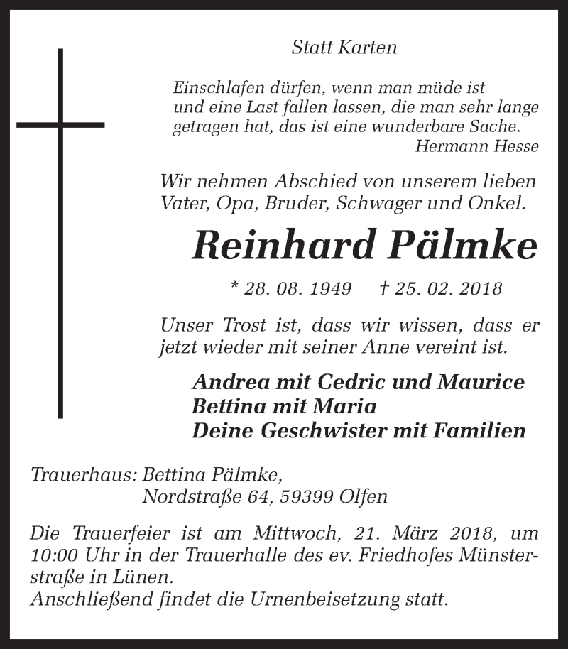  Traueranzeige für Reinhard Pälmke vom 15.03.2018 aus Ruhr Nachrichten