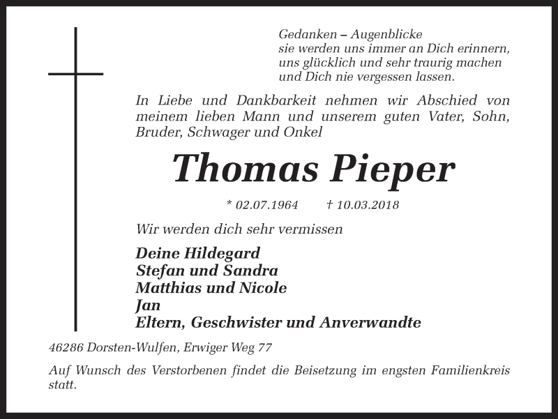  Traueranzeige für Thomas Pieper vom 13.03.2018 aus Ruhr Nachrichten und Dorstener Zeitung