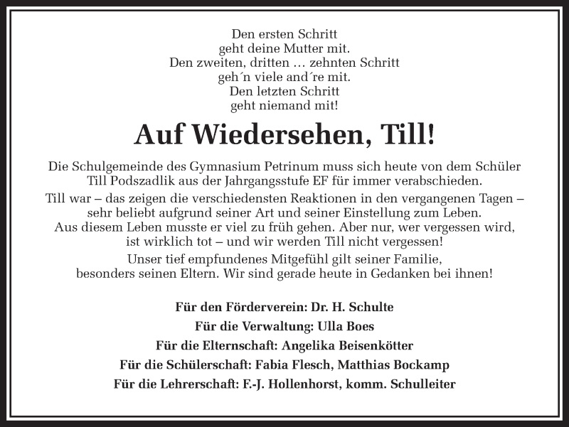  Traueranzeige für Till Podszadlik vom 12.03.2018 aus Ruhr Nachrichten und Dorstener Zeitung