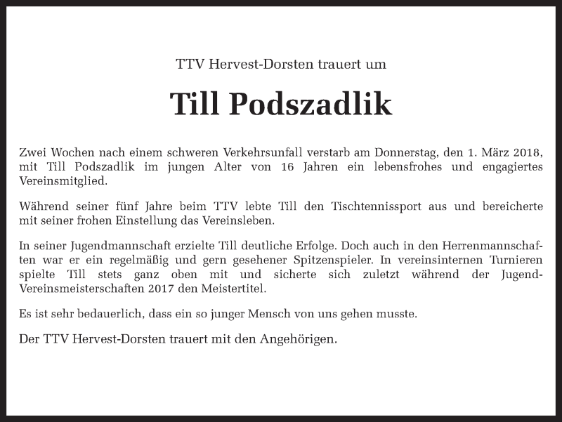  Traueranzeige für Till Podszadlik vom 14.03.2018 aus Ruhr Nachrichten und Dorstener Zeitung