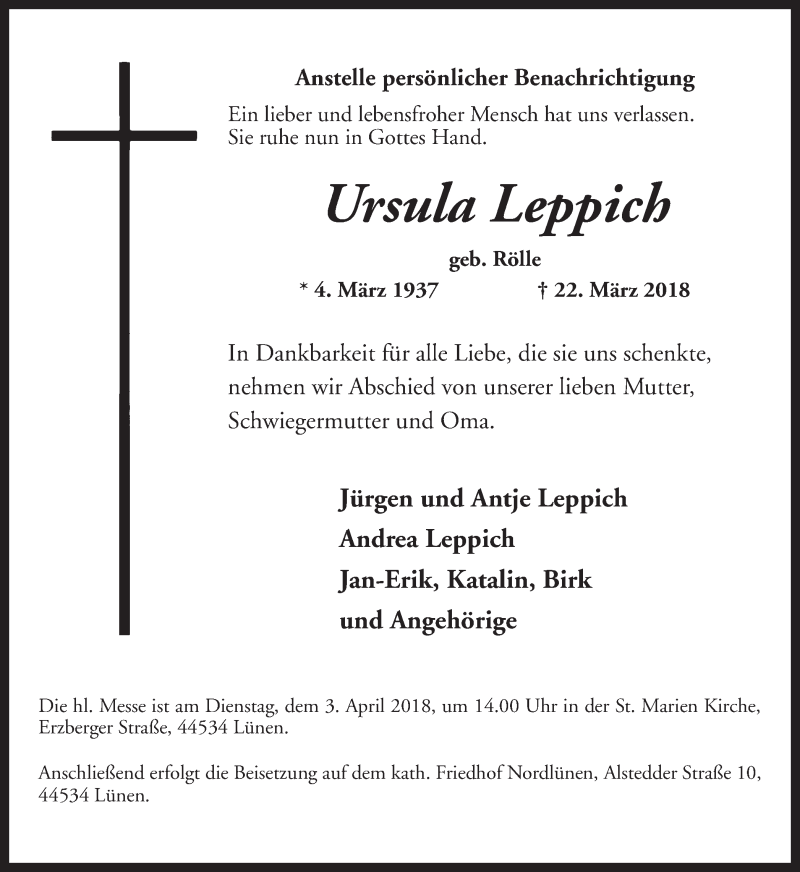  Traueranzeige für Ursula Leppich vom 31.03.2018 aus Ruhr Nachrichten