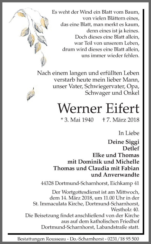  Traueranzeige für Werner Eifert vom 10.03.2018 aus Ruhr Nachrichten