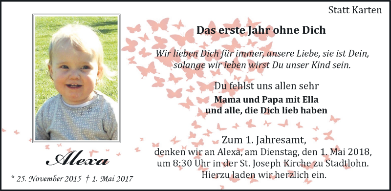  Traueranzeige für Alexa  vom 28.04.2018 aus Münstersche Zeitung und Münsterland Zeitung