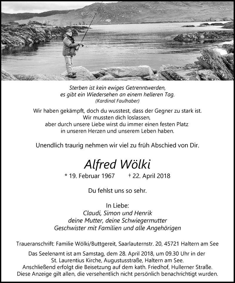  Traueranzeige für Alfred Wölki vom 25.04.2018 aus Ruhr Nachrichten und Halterner Zeitung