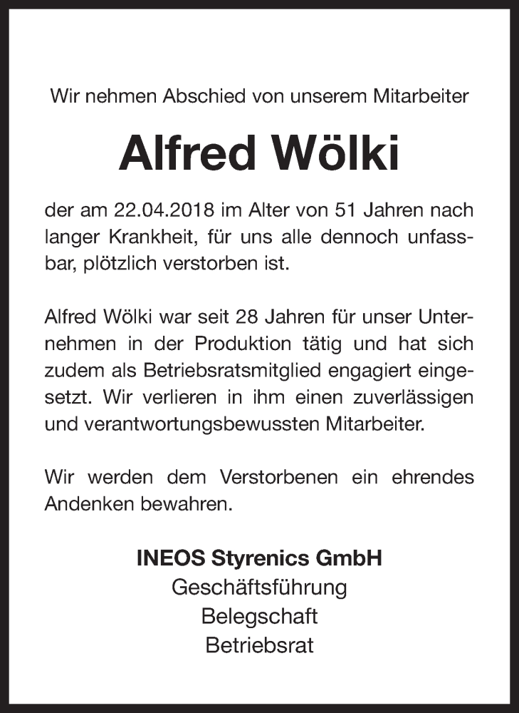  Traueranzeige für Alfred Wölki vom 25.04.2018 aus Ruhr Nachrichten und Halterner Zeitung