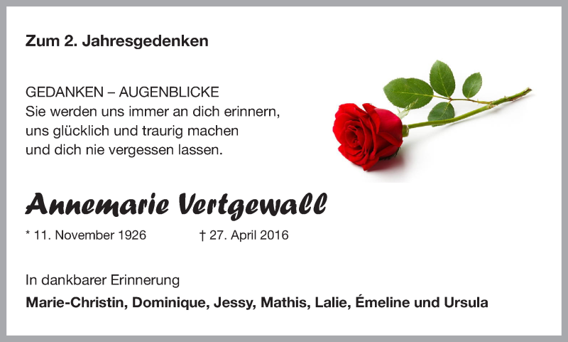  Traueranzeige für Annemarie Vertgewall vom 27.04.2018 aus Ruhr Nachrichten