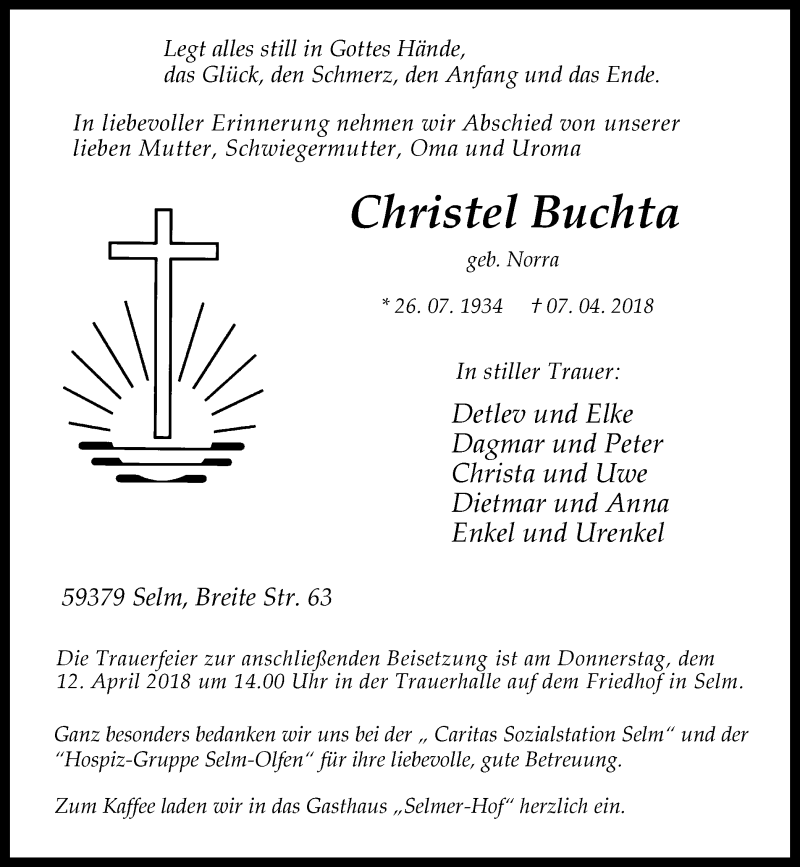  Traueranzeige für Christel Buchta vom 10.04.2018 aus Ruhr Nachrichten
