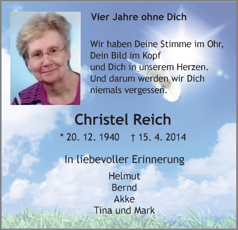  Traueranzeige für Christel Reich vom 16.04.2018 aus Ruhr Nachrichten