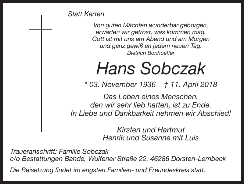  Traueranzeige für Hans Sobczak vom 14.04.2018 aus Ruhr Nachrichten und Dorstener Zeitung