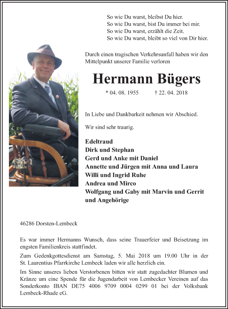  Traueranzeige für Hermann Bügers vom 26.04.2018 aus Ruhr Nachrichten und Dorstener Zeitung