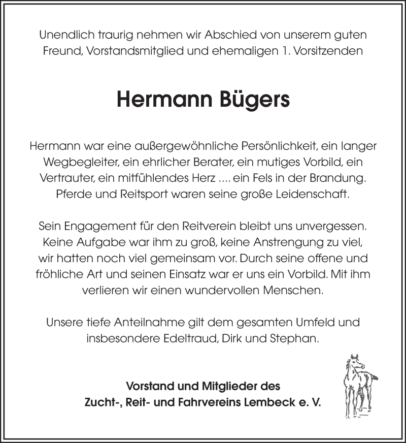  Traueranzeige für Hermann Bügers vom 27.04.2018 aus Ruhr Nachrichten und Dorstener Zeitung